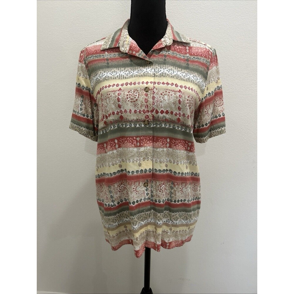 Alfred Dunner Blouse Women Size 8 Multicolor Short Sleeve Button Up Aztec Print